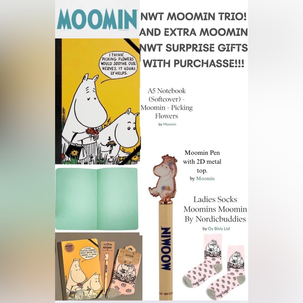 NWT MOOMIN TRIO! BEAUTIFUL A5 NOTEBOOK, AMAZING MOOMIN 2D METAL PEN, & SOCKS!